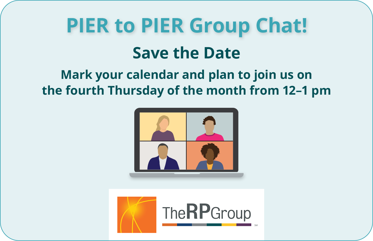 Pier to Pier Group Chat! Save the Date Mark your calendar and plan to jopin us on the fourth Thursday of the month from 12-1pm